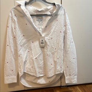 White Button-Up Shirt with Red Dots